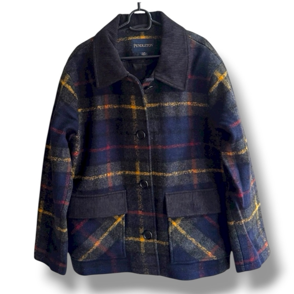 Pendleton Women's Plaid Pea Coat - Navy and Mustard